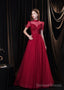 Burgundy Prom Dress, Tulle High Neck Cap Sleeve Backless Beading Prom Dresses