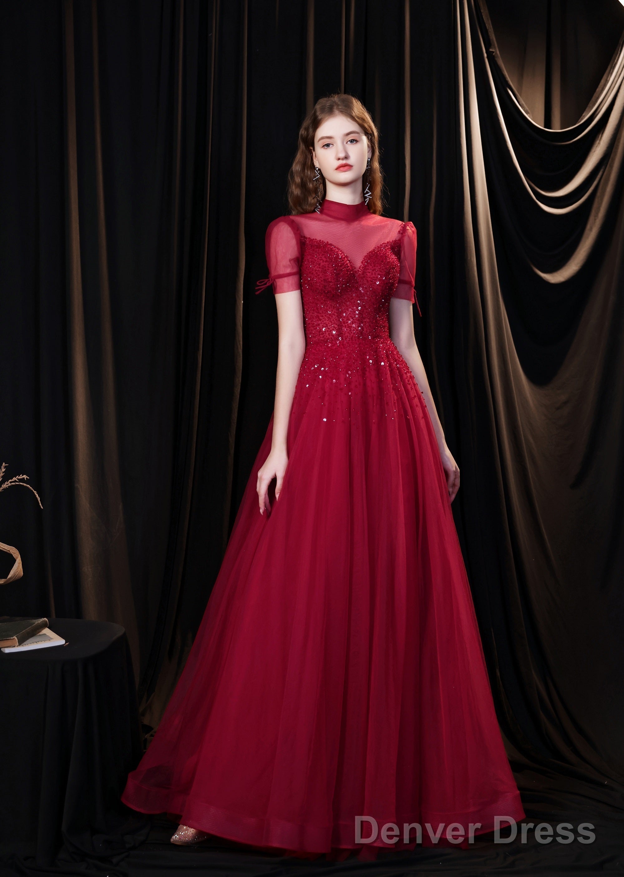 Burgundy Prom Dress, Tulle High Neck Cap Sleeve Backless Beading Prom Dresses