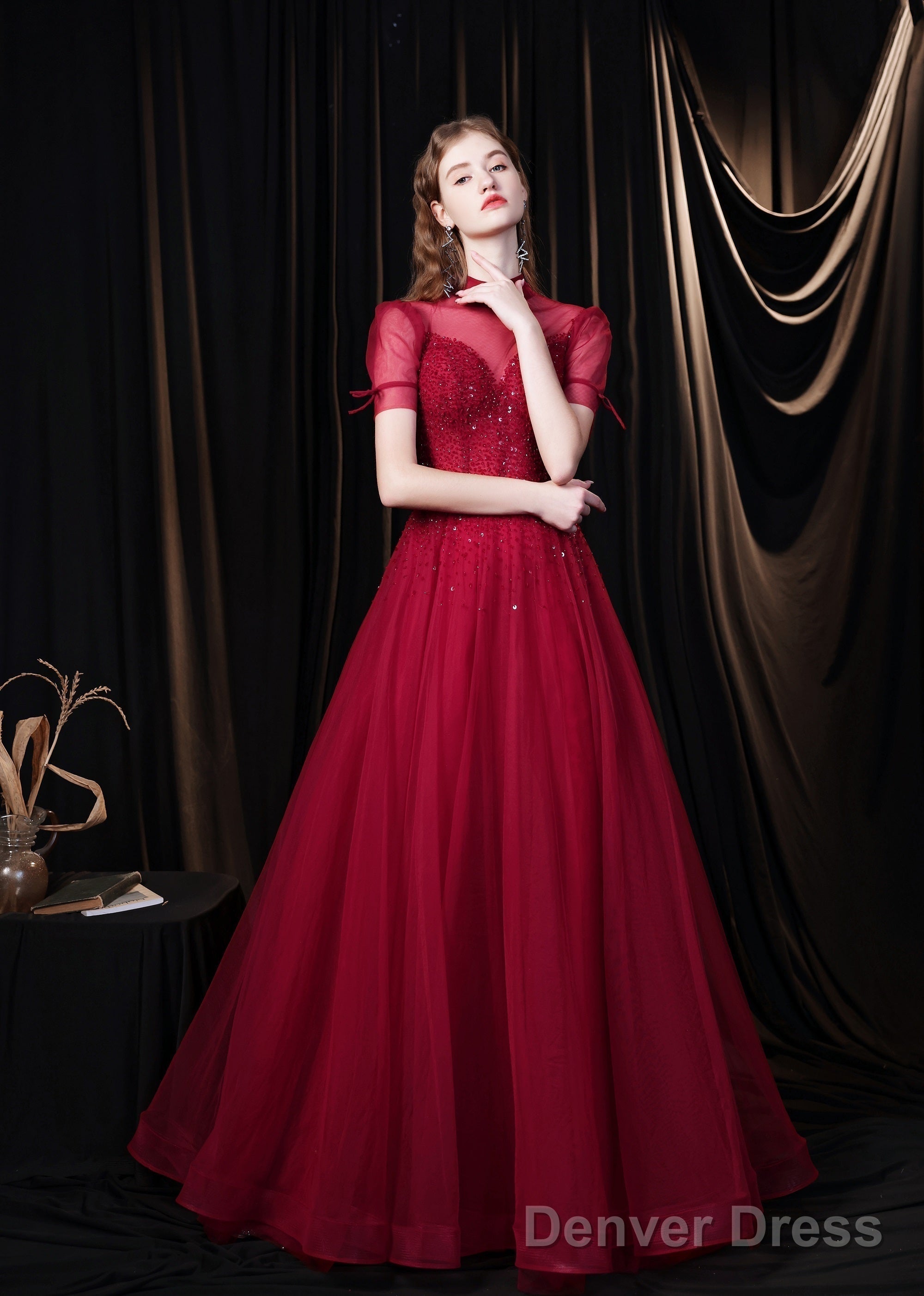 Burgundy Prom Dress, Tulle High Neck Cap Sleeve Backless Beading Prom Dresses