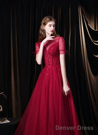 Burgundy Prom Dress, Tulle High Neck Cap Sleeve Backless Beading Prom Dresses
