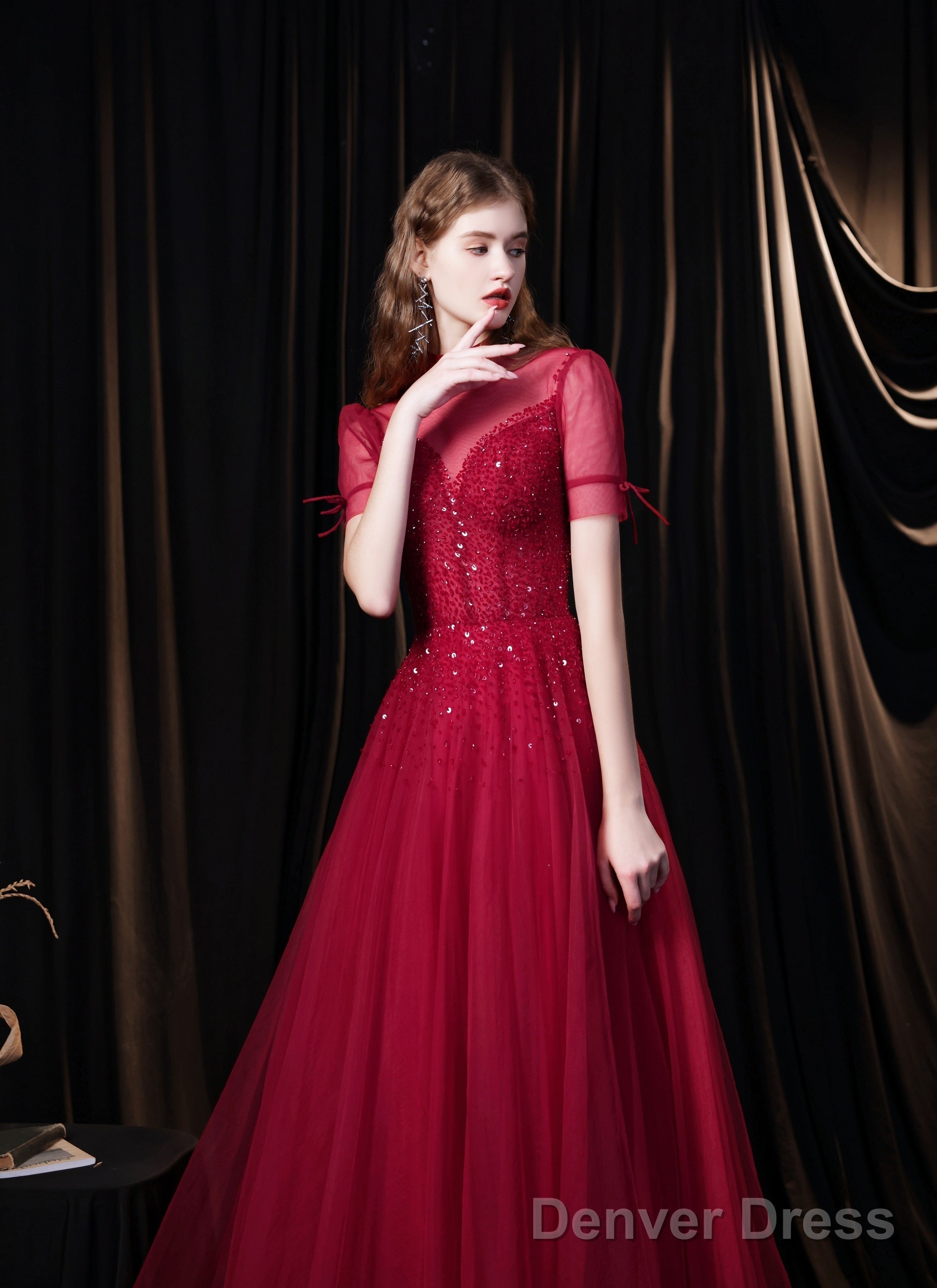 Burgundy Prom Dress, Tulle High Neck Cap Sleeve Backless Beading Prom Dresses