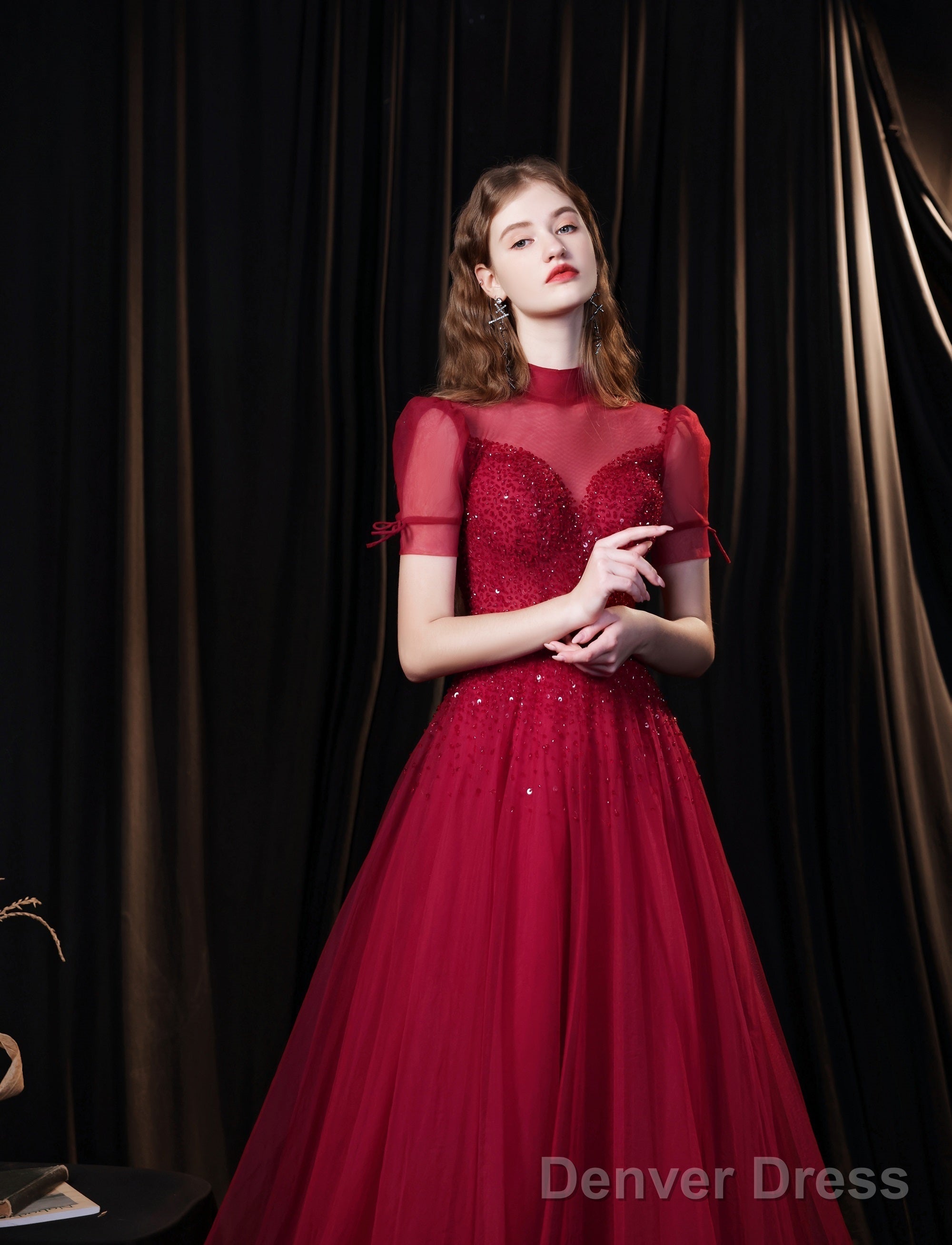 Burgundy Prom Dress, Tulle High Neck Cap Sleeve Backless Beading Prom Dresses