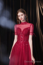 Burgundy Prom Dress, Tulle High Neck Cap Sleeve Backless Beading Prom Dresses
