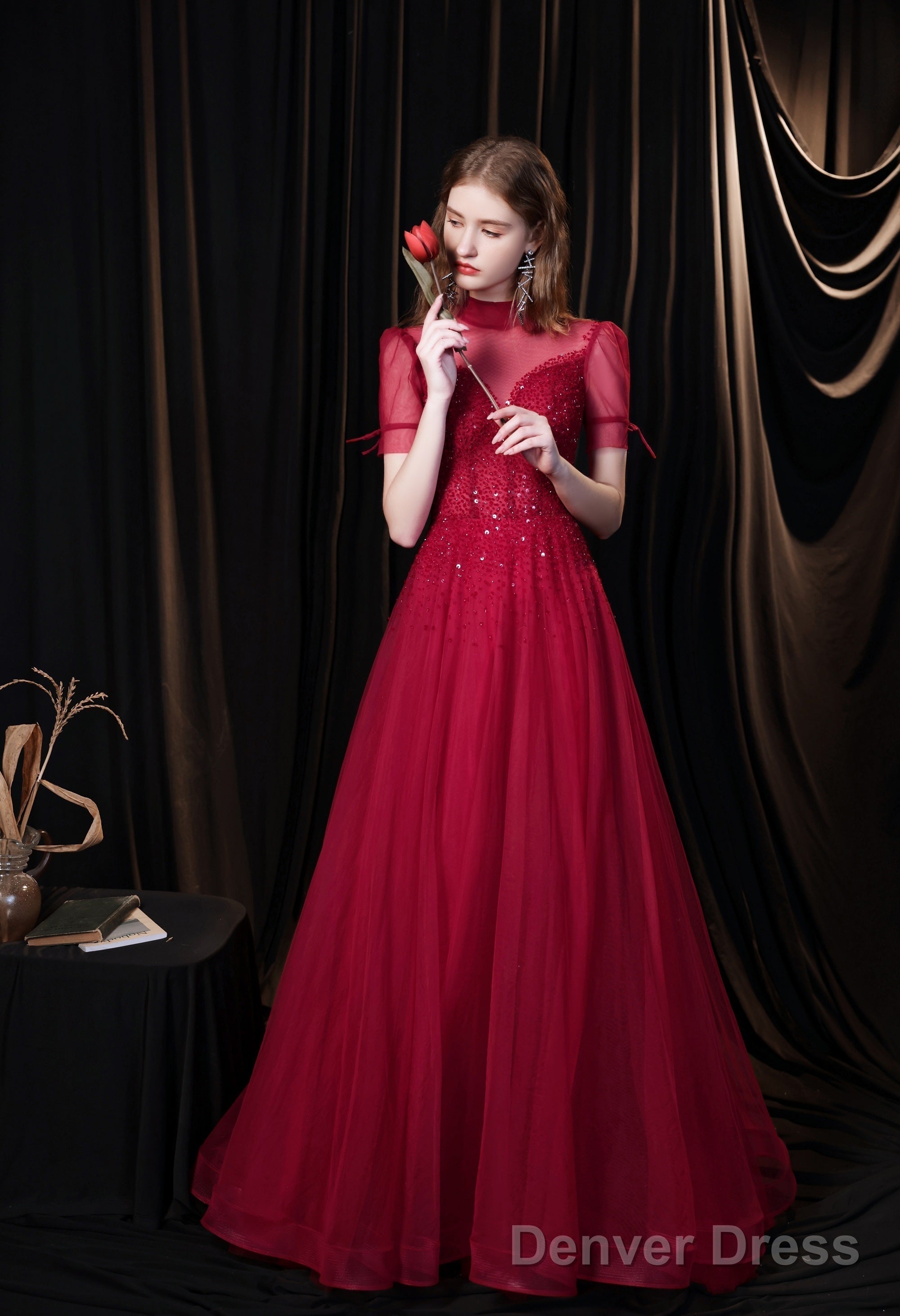 Burgundy Prom Dress, Tulle High Neck Cap Sleeve Backless Beading Prom Dresses