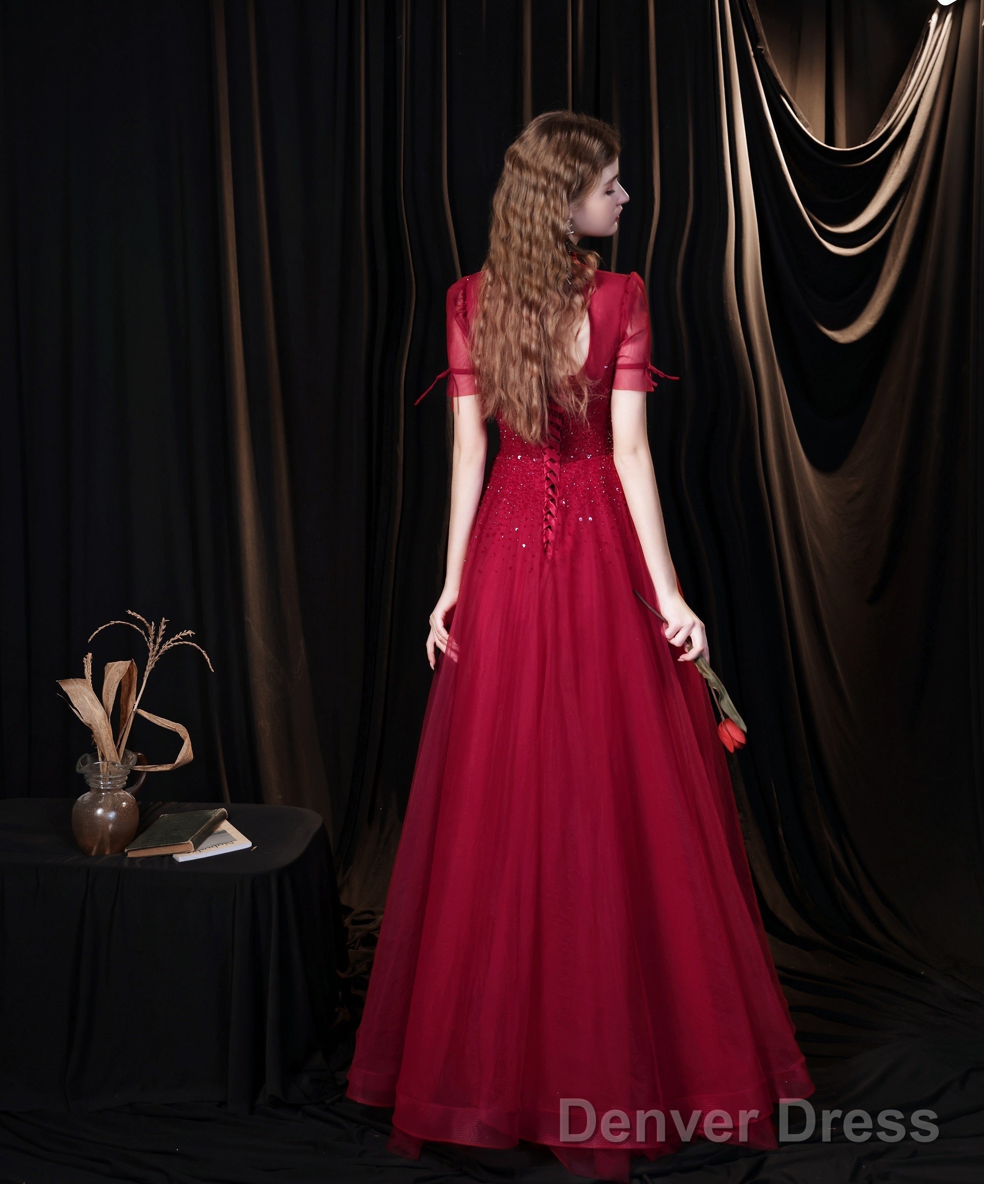 Burgundy Prom Dress, Tulle High Neck Cap Sleeve Backless Beading Prom Dresses