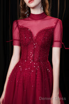 Burgundy Prom Dress, Tulle High Neck Cap Sleeve Backless Beading Prom Dresses