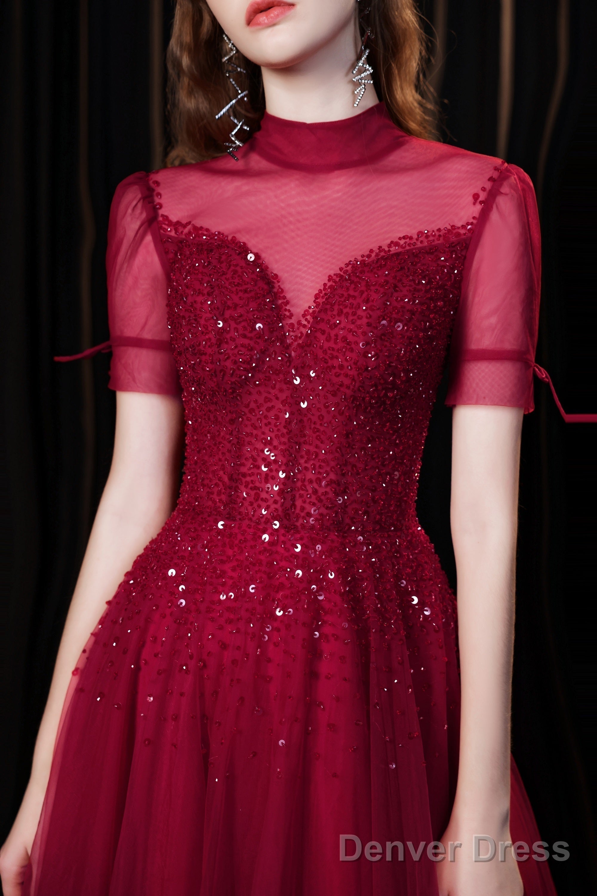 Burgundy Prom Dress, Tulle High Neck Cap Sleeve Backless Beading Prom Dresses