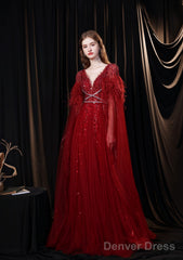 Luxury Burgundy Evening Dress, Long Evening Party Prom Dresses, A Line Prom Gown