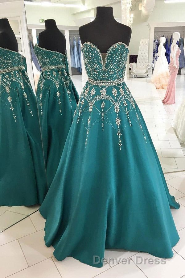 Green A Line Floor Length Sweetheart Sleeveless Beading Prom Dresses