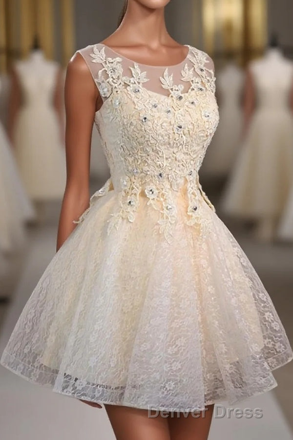 Champagne Lace Round Neck Short Prom Dresses, Bridesmaid Dresses Main image