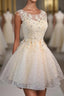 Champagne Lace Round Neck Short Prom Dresses, Bridesmaid Dresses
