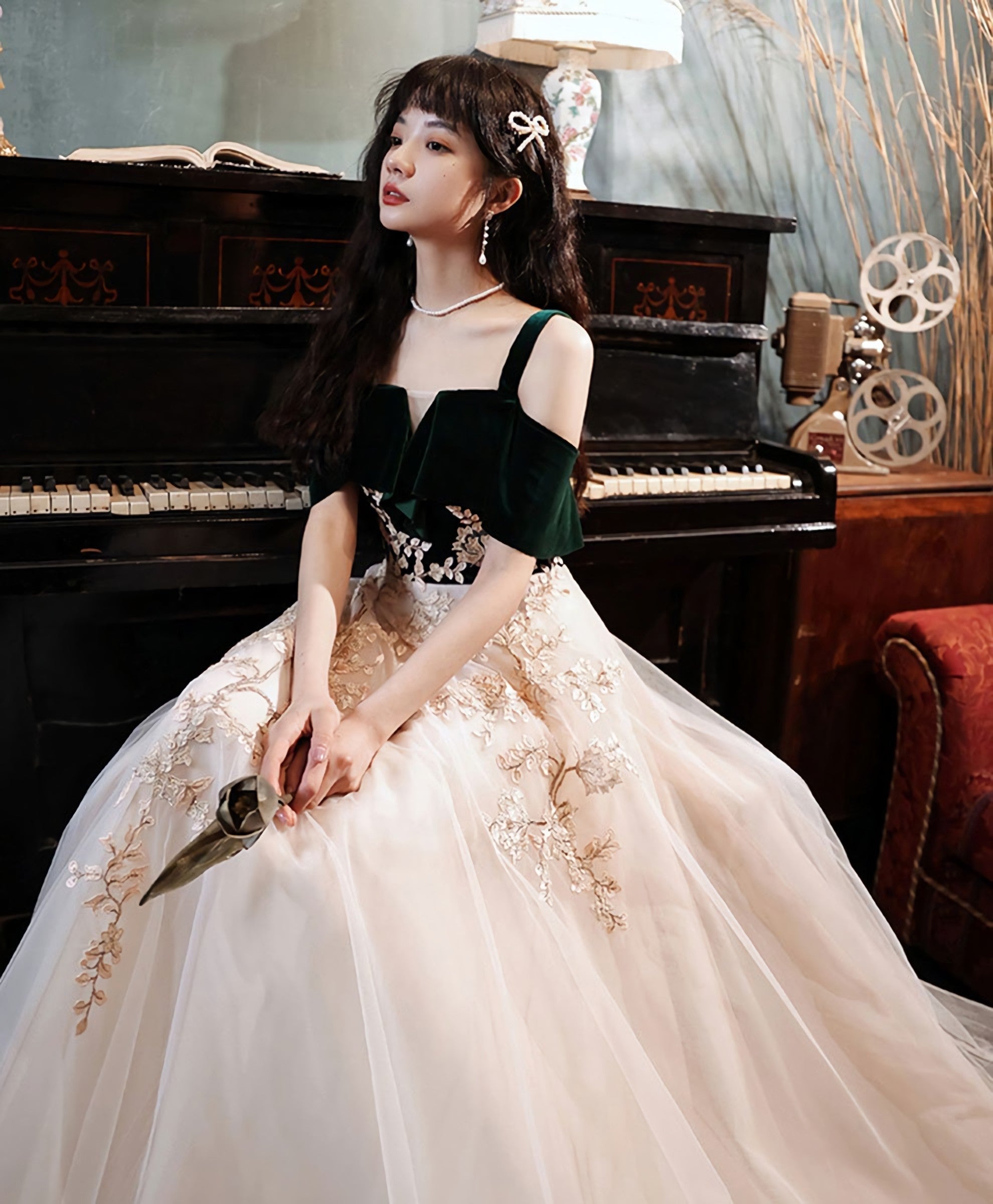 Green Tulle Lace Long Prom Dress Green Lace Prom Dresses