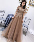 Champagne High Neck Tulle Lace Long Prom Dress Champagne Prom Dresses