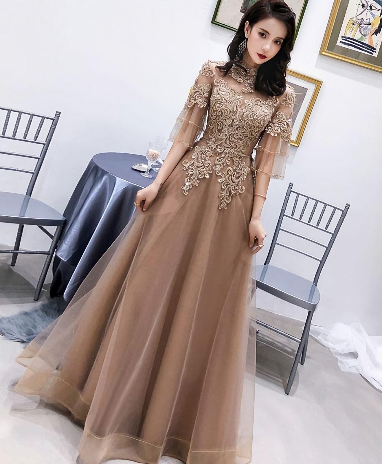 Champagne High Neck Tulle Lace Long Prom Dress Champagne Prom Dresses