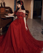 Burgundy Round Neck Beads Tulle Long Prom Dresses