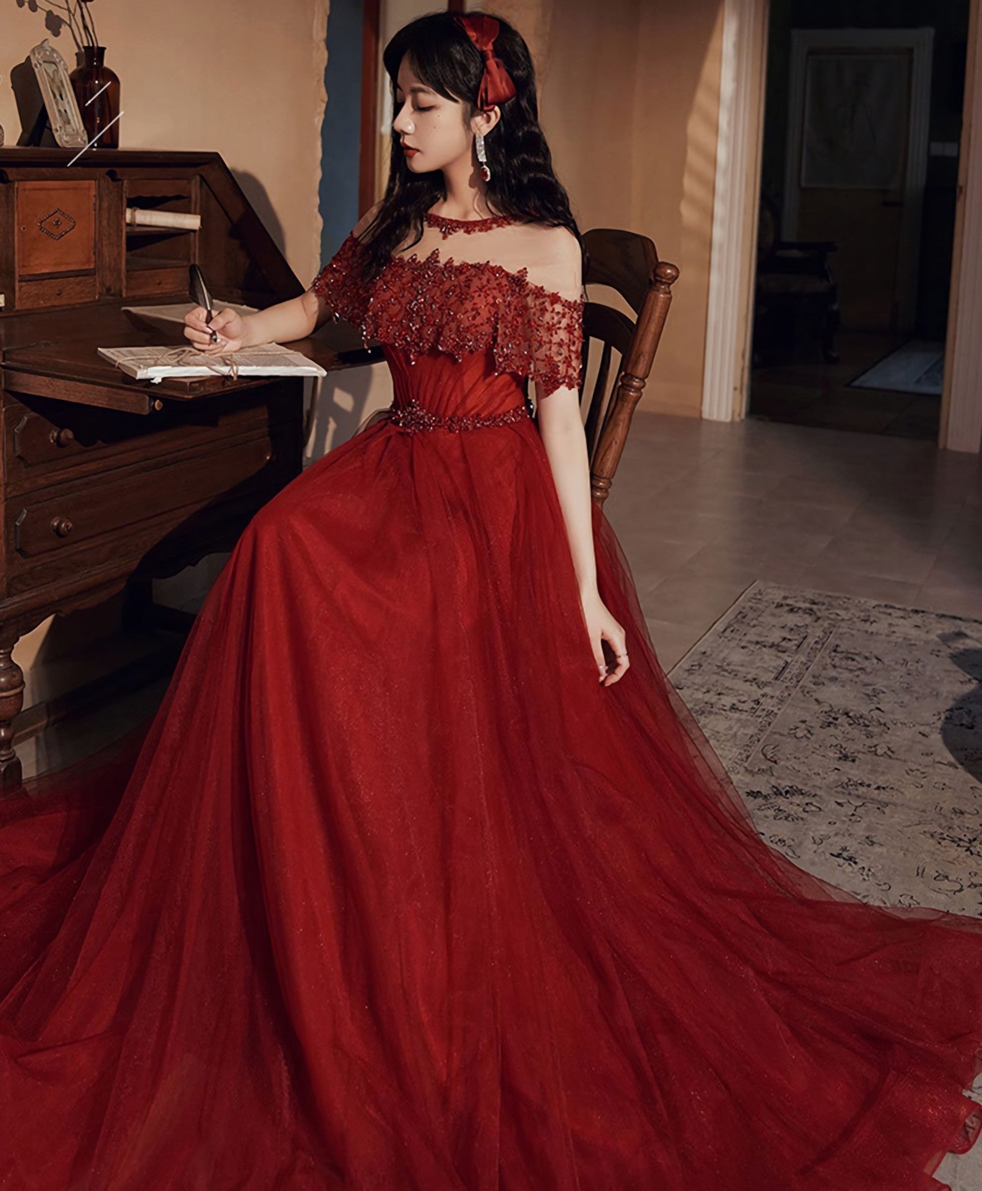 Burgundy Round Neck Beads Tulle Long Prom Dresses