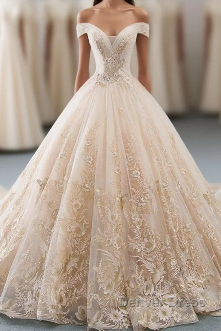 Unique Champagne Tulle Lace Long Wedding Dresses, Bridal Gown Main image