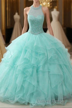 Mint Ball Gown Floor Length Halter Keyhole Back Beading Ruffles Prom Dresses