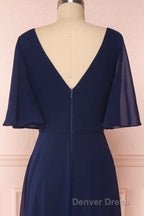 Navy Blue Chiffon V Neck Ruffled Sleeve Long Bridesmaid Dresses