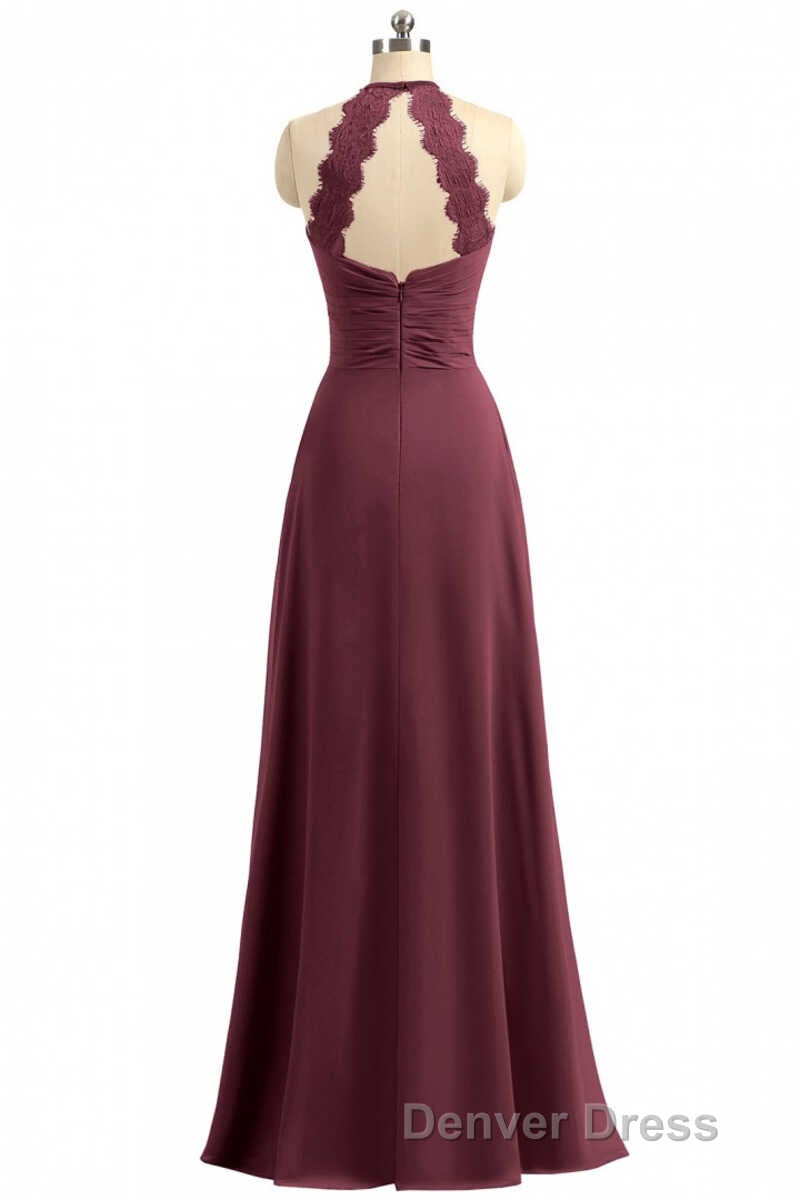 Burgundy Chiffon Halter Long Bridesmaid Dresses with Lace Strap Secondary image