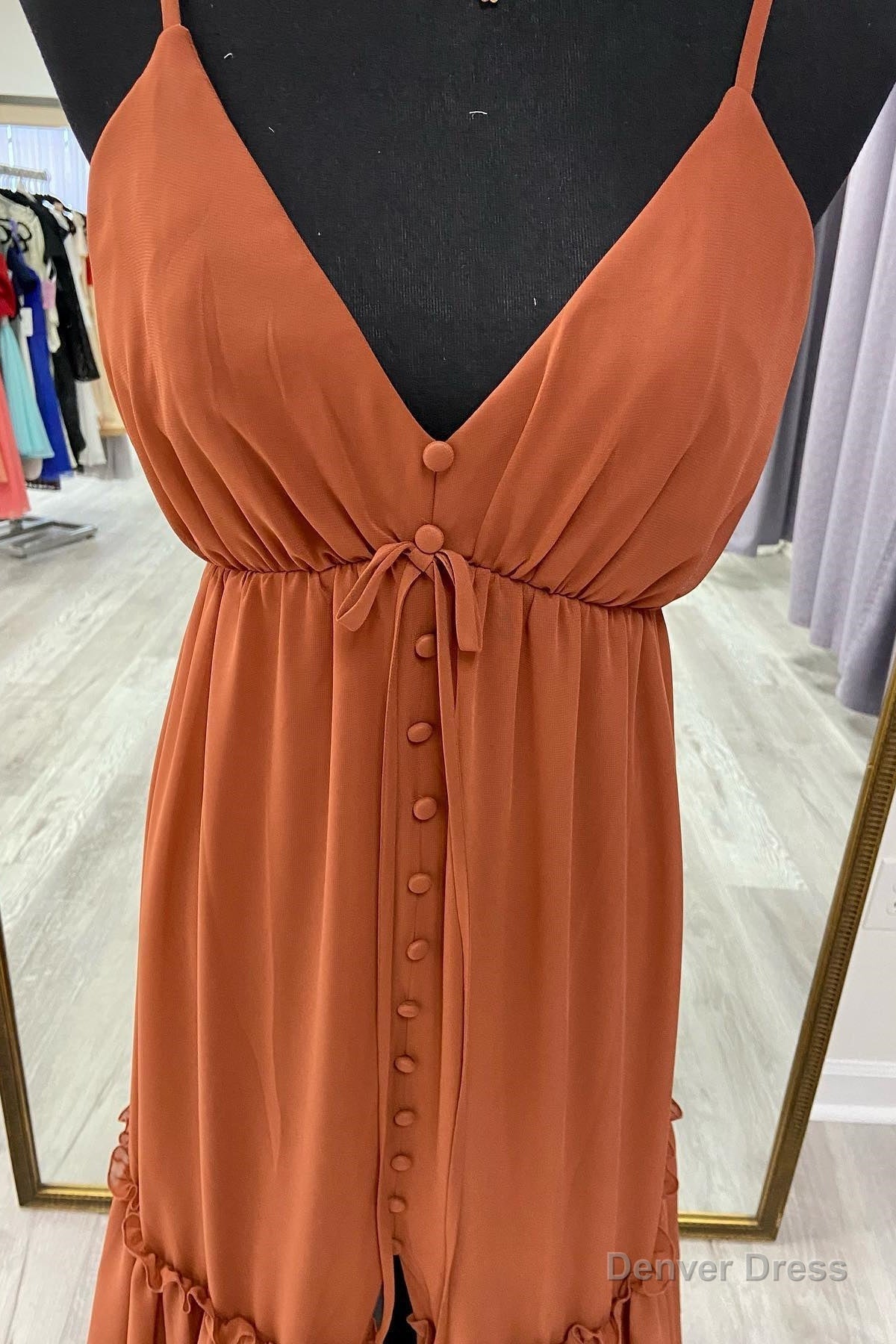 Brown A Line V Neck Straps Ruffle Buttons Long Bridesmaid Dresses with Slit Secondary image
