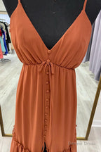 Brown A Line V Neck Straps Ruffle Buttons Long Bridesmaid Dresses with Slit