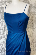 Sheath Spaghetti Straps Satin Long Bridesmaid Dresses with Slit