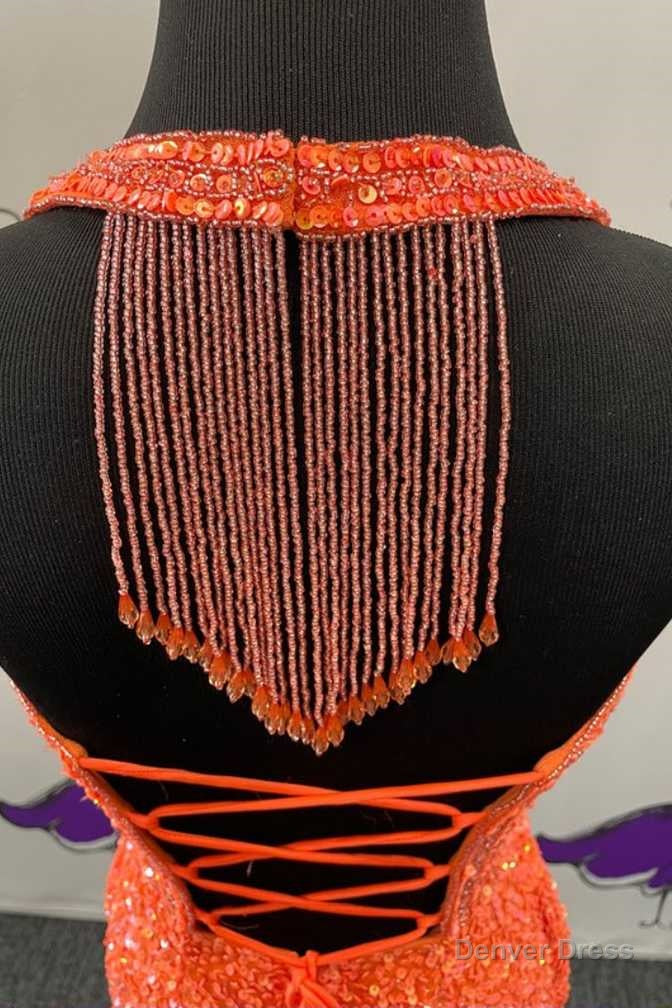 Orange Sequin Halter Fringe Short Homecoming Dress Secondary image