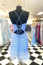 Light Blue Lace Up Sheath Homecoming Dresses with Feathers