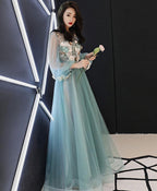 Green Tulle Lace Applique Long Prom Dress Green Prom Dresses 1