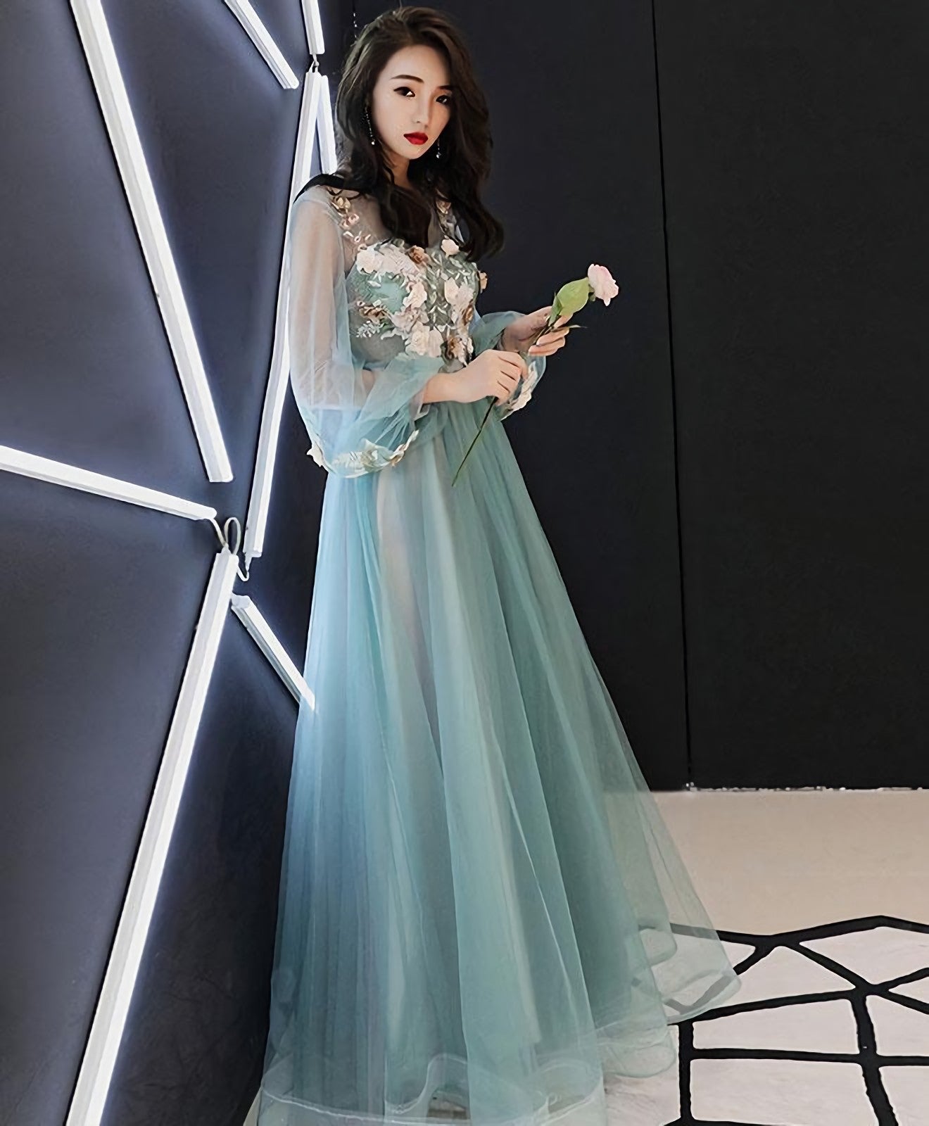 Green Tulle Lace Applique Long Prom Dress Green Prom Dresses 1