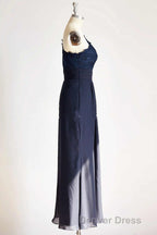 One Shoulder Navy Blue Lace Long Bridesmaid Dresses