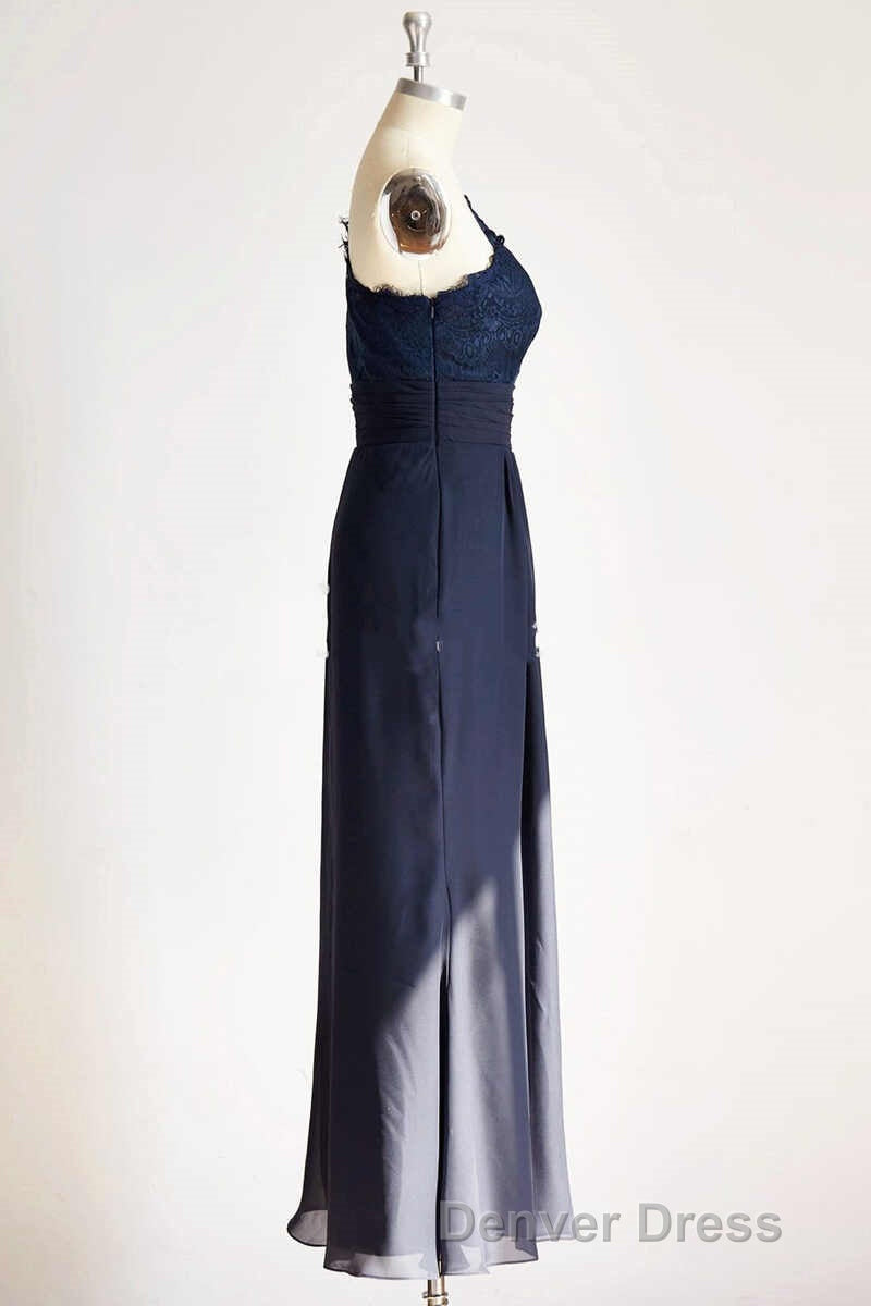 One Shoulder Navy Blue Lace Long Bridesmaid Dresses
