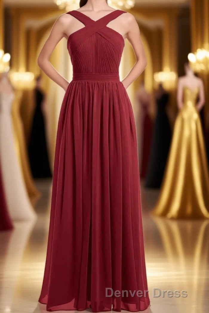Red Chiffon Cross Front A Line Long Bridesmaid Dresses