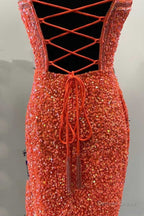 Orange Sequin Halter Fringe Short Homecoming Dress