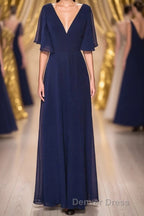 Navy Blue Chiffon V Neck Ruffled Sleeve Long Bridesmaid Dresses