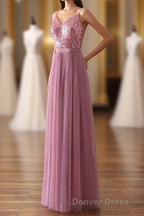 Dusty Purple Sequin Spaghetti Straps A-Line Long Bridesmaid Dresses