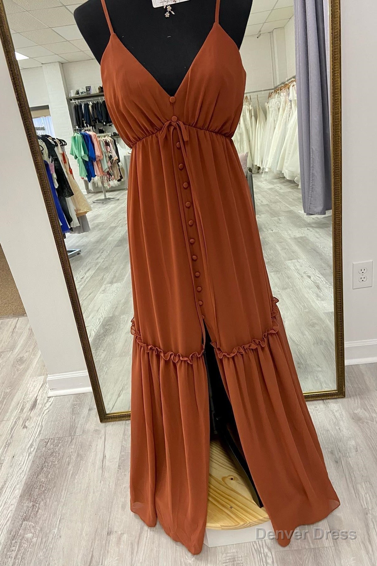 Brown A Line V Neck Straps Ruffle Buttons Long Bridesmaid Dresses with Slit Main image