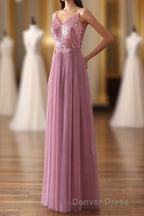 Dusty Purple Sequin Spaghetti Straps A Line Long Bridesmaid Dresses