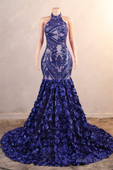 Royal Blue Mermaid Prom Dresses Sequined Lace Flowers Halter Neck Backless Long Gowns