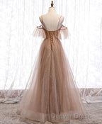 Champagne Tulle Sequin Long Prom Dresses, Champagne Evening Dresses