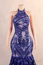 Halter Mermaid Sweep Train Backless Sleeveless Beading Prom Dresses