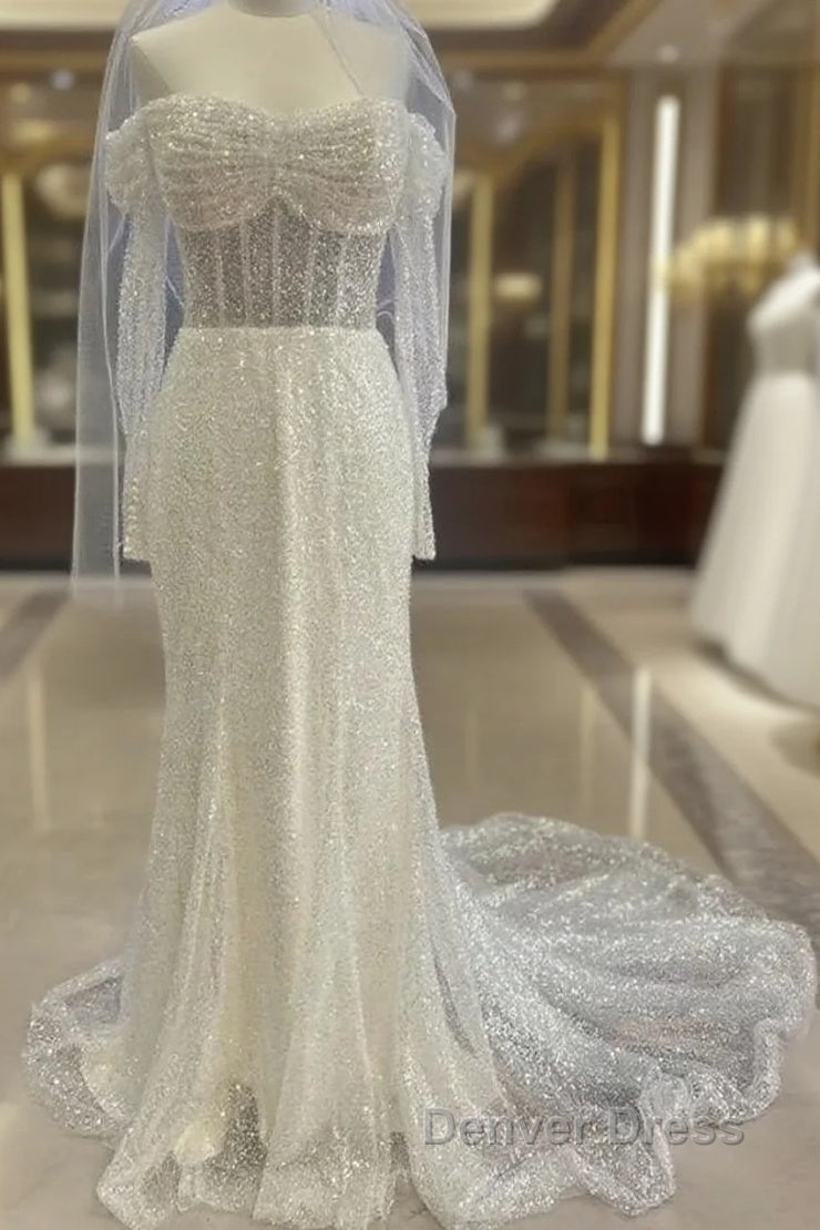 Sheath-Column Off The Shoulder Wedding Dresses With Sequin