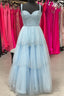 Light Blue Sweetheart Beaded Straps Multi Layers Long Prom Dresses