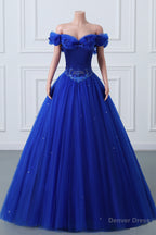 Royal Blue Off The Shoulder Sweetheart Beaded Flowers Ball Gowns Tulle Prom Dresses
