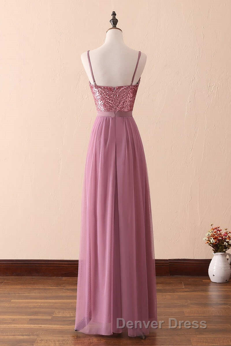 Dusty Purple Sequin Spaghetti Straps A-Line Long Bridesmaid Dresses
