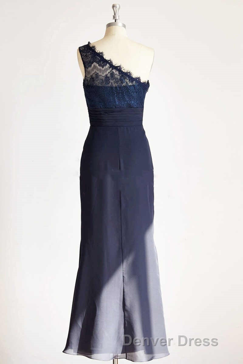 One Shoulder Navy Blue Lace Long Bridesmaid Dresses