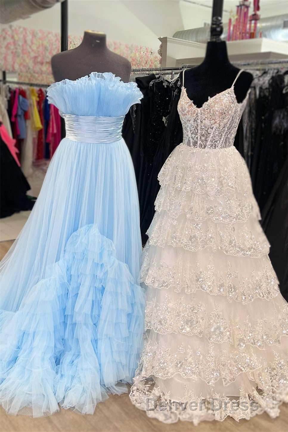 Navy Blue Floral Multi Layers Sequined Straps Long Prom Dresses