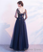 Dark Blue Tulle Lace Long Prom Dress Blue Prom Dresses