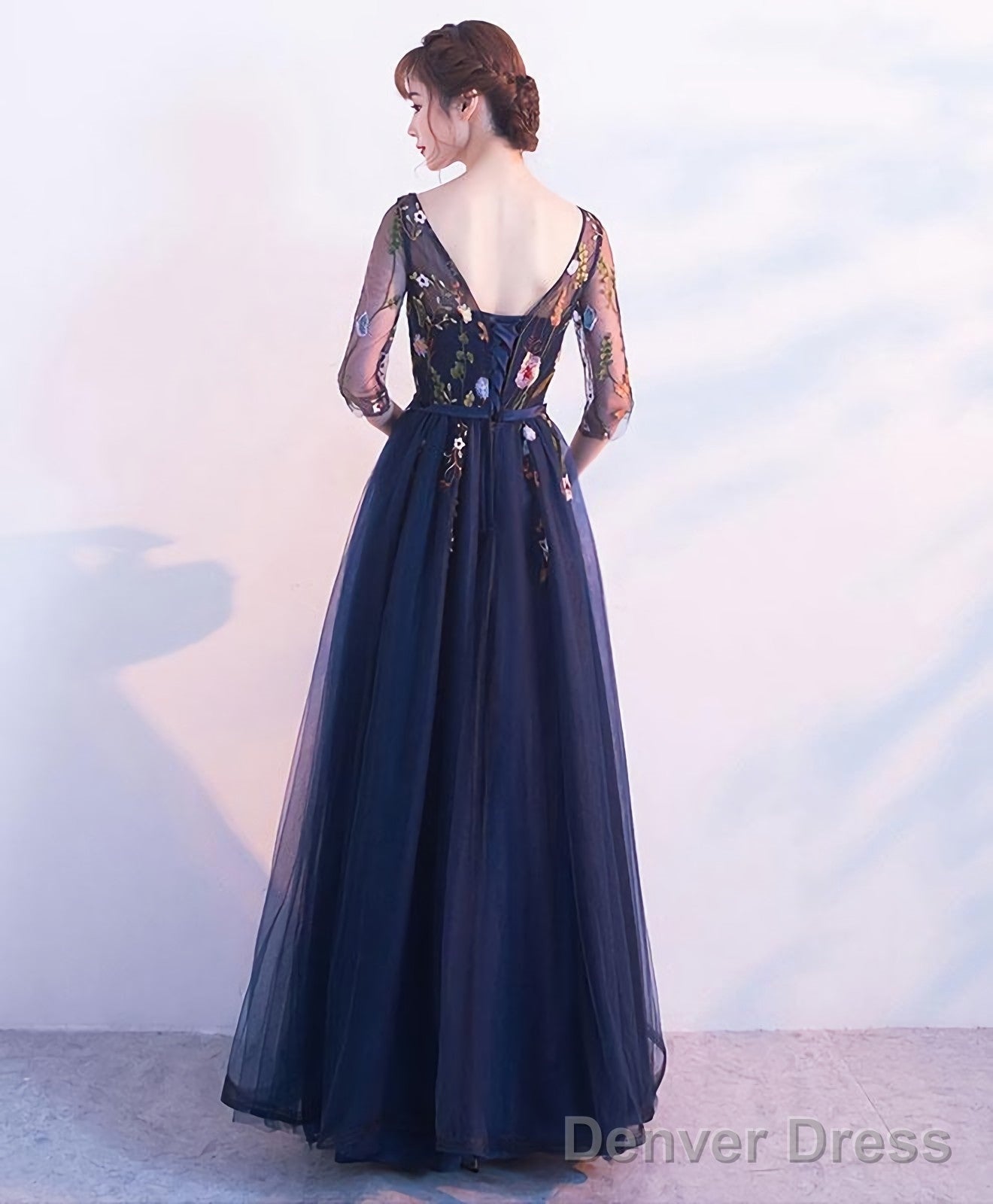 Dark Blue Tulle Lace Long Prom Dress Blue Prom Dresses